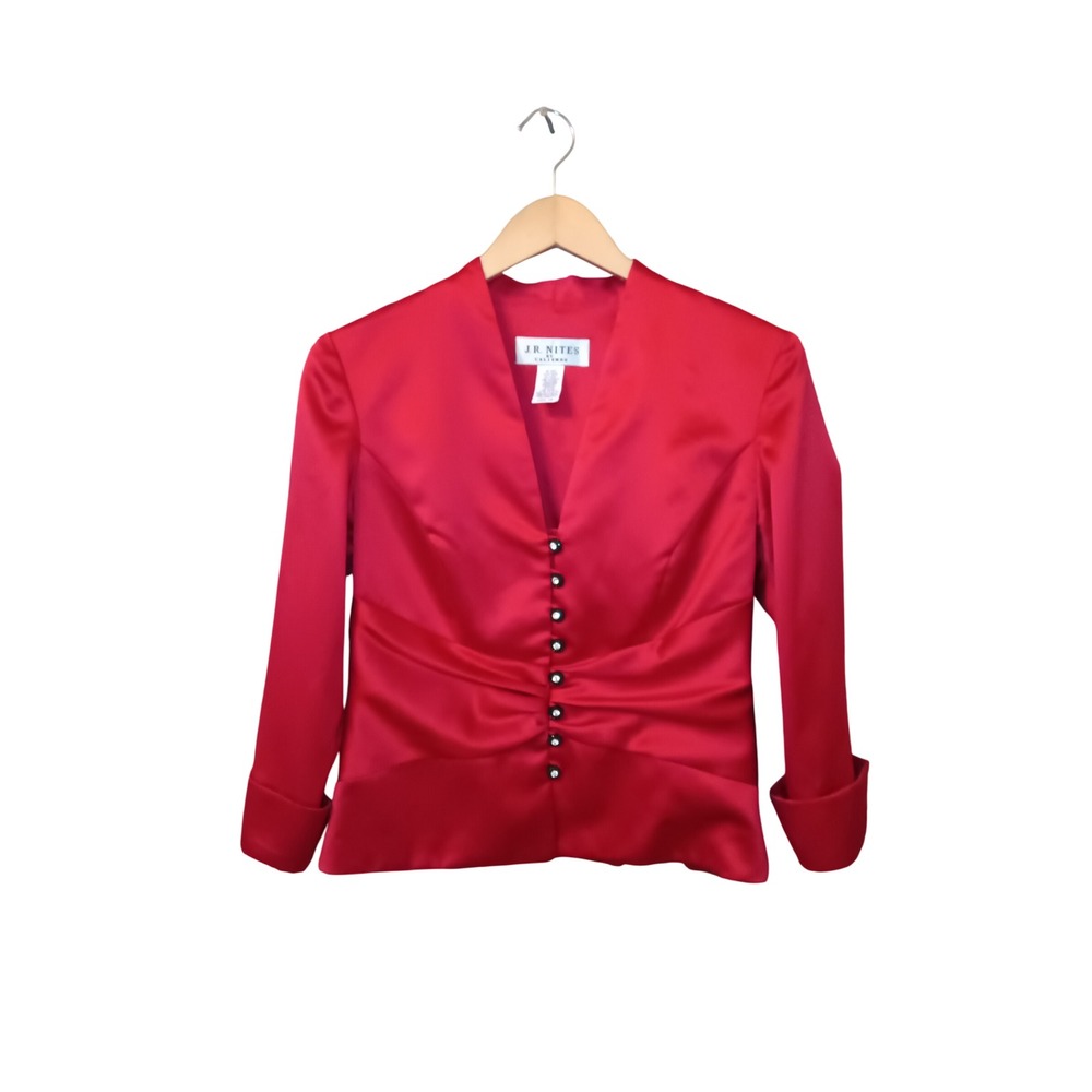VTG J.R. Nites Caliendo Red Satin Jeweled Button Holiday Blouse Top Size‎ 10
